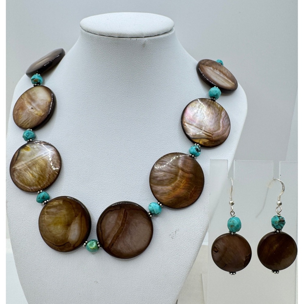 Sterling Silver 925 Brown Shell & Turquoise Bead Necklace and Earring Set Boho